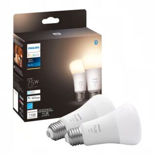 Philips Hue Paquete de 2 bombillas inteligentes A19 de color blanco, 1100 lúmenes, compatible con Bluetooth y Zigbee